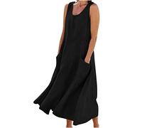 Robe longue en lin pour femme - Sans manches - En coton et lin - Couleur unie - Col rond - Vintage - Robe de plage décontractée - Robe de fête décontractée - Robe trapèze confortable - Robe de danse