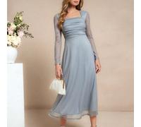 Robe longue en maille gris argenté à col carré élégante pour femme, convient pour le port quotidien et de multiples occasions, automne L,M,S,XL,XS,XXL,XXS,XXXL,XXXXLUnicoloreTissu en tulle
