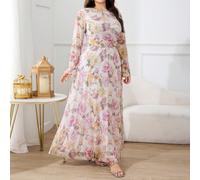 Robe longue en mousseline de soie à manches lanternes, col rond, taille froncée avec sequins, style vintage fleuri, pour femmes grandes tailles. Robe de soirée, de mariage, de cérémonie. 0XL,1XL,2XL,3