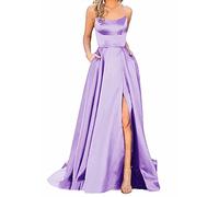 Robe longue en satin avec forme trapèze, dos nu, fines bretelles croisées dans le dos, fente latérale et poches Élégante robe de bal, de mariage ou de soirée pour femme