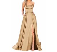 Robe longue en satin avec forme trapèze, dos nu, fines bretelles croisées dans le dos, fente latérale et poches Élégante robe de bal, de mariage ou de soirée pour femme