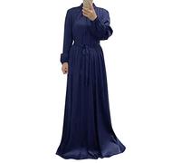 Robe longue en satin solide pour femme avec manches évêques, robe longue du Moyen-Orient, robe musulmane, Bleu marine, XXL