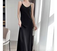 Robe longue en soie synthétique pour femme avec col en V et idéale pour les soirées, les cocktails et les occasions en boîte (taille L) Noir