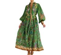 Robe longue et fluide à manches lanterne et col polo pour femme - Style décontracté vintage bohème - Pour les fêtes d'automne et les sorties, Imprimé vert, XXL
