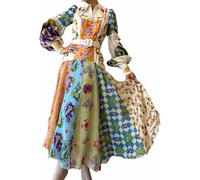 Robe longue et fluide à manches lanterne et col polo pour femme - Style décontracté vintage bohème - Pour les fêtes d'automne et les sorties, Imprimé multicolore, M