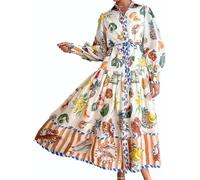 Robe longue et fluide à manches lanterne et col polo pour femme - Style décontracté vintage bohème - Pour les fêtes d'automne et les sorties, Imprimé blanc, 3XL