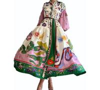 Robe longue et fluide à manches lanterne et col polo pour femme - Style décontracté vintage bohème - Pour les fêtes d'automne et les sorties, Imprimé violet, L