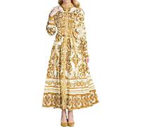 Robe longue et fluide à manches lanterne et col polo pour femme - Style décontracté vintage bohème - Pour les fêtes d'automne et les sorties, jaune, L