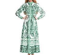 Robe longue et fluide à manches lanterne et col polo pour femme - Style décontracté vintage bohème - Pour les fêtes d'automne et les sorties, Vert, S