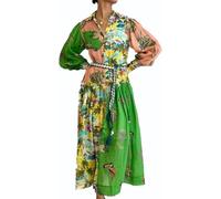 Robe longue et fluide à manches lanterne et col polo pour femme - Style décontracté vintage bohème - Pour les fêtes d'automne et les sorties, Imprimé vert foncé, L