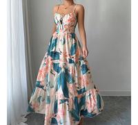 Robe longue évasée, à bretelles spaghetti, taille ajustée, dernière mode femme, imprimé feuille, vacances d'été L,M,S,XLPlantes,Tout ImpriméTissu tissé