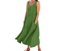 Robe Longue Femme 2026 en Coton Lin Authentique, col V élégant, sans Manches, Coupe relaxante Fluide Style bohème Chic, équipée de Poches Pratiques pour Les Vacances à la Plage(Green, S)