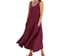 Robe Longue Femme 2026 en Coton Lin Authentique, col V élégant, sans Manches, Coupe relaxante Fluide Style bohème Chic, équipée de Poches Pratiques pour Les Vacances à la Plage(Wine, S)