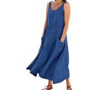 Robe Longue Femme 2026 en Coton Lin Authentique, col V élégant, sans Manches, Coupe relaxante Fluide Style bohème Chic, équipée de Poches Pratiques pour Les Vacances à la Plage(Blue, S)