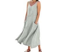 Robe Longue Femme 2026 en Coton Lin Authentique, col V élégant, sans Manches, Coupe relaxante Fluide Style bohème Chic, équipée de Poches Pratiques pour Les Vacances à la Plage(Grey, S)
