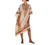 Robe Longue Femme - Caftan Été Coton Lin Col V Manches Courtes Tunique Bohème Ethnique Vintage Cache-Maillot De Bain Ample Grande Taille Décontractée Vacances Plage Vintage Robes Fluide (Ab,3TG)