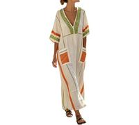 Robe Longue Femme - Caftan Été Imprimé Col V Manches Courtes Tunique Bohème Ethnique Vintage Cache-Maillot De Bain Ample Grande Taille Décontractée Vacances Plage Vintage Robes Fluide