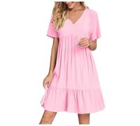 Robe Longue Femme Chic Elegant Col V Manches Courtes éTé BohèMe Tunique Robe Ample A-Line Mi-Longue Dress Grande Taille DéContractéE Robes Couleur Unie Taille Haute Robes Pour FêTer Vacances Plage