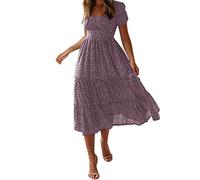 robe longue femme chic et elegant ete fluide robe de plage femme sexy chic decollete robe boheme femme fleurie col carré manche courte robe evasee femme mi longue décontractée mode (Pink, M)
