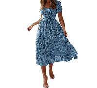 robe longue femme chic et elegant ete fluide robe de plage femme sexy chic decollete robe boheme femme fleurie col carré manche courte robe evasee femme mi longue décontractée mode (Blue, S)