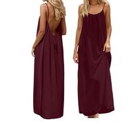 Robe Longue Femme Chic et Elegant Pas Cher Maxi Robe de Plage Grande Taille à Col en U à Bretelles Spaghetti sans Manche Floral/Couleur Unie Légère Ete Cadeau de Ma Mère,Vin,3XL,f204y