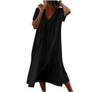 Robe Longue Femme Col en V Ete Grande Taille Loose Couleur Unie Bohème Mi-Longue Robes Chic et Elegant Casual Bohème Léger Fluide Confortable Respirant Dress pour Fêter de Vacances
