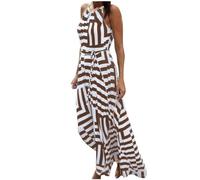 Robe Longue Femme Col Round Robe à sans Manches Boho Décontractée Imprimé rayée Vacances Maxi Robes Ete Chic et Elegant Casual Dress décontractée Taille Haute Robes pour Soirée Mariage Fête