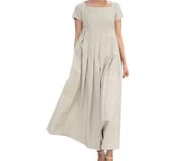Robe Longue Femme Coton Et Lin - Robe Femme Chic Et Elegant Longue - Col Rond Grande Taille Robes Chemise Ample Boheme Robe Couleur Unie Robe De Plage Sexy Dress Pas Cher Mi Longue Robe