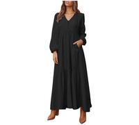 Robe Longue Femme Coton Et Lin- Robe Vintage Manches Longues-Robe Femme Chic Et Elegant Grande Taille Casual Couleur Unie Dress Col V Ample Printemps Et Automne Classique Retro Robes