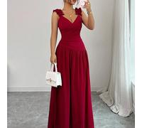 Robe longue femme de style français romantique, sicilien, élégant et décontracté pour le bureau, les vacances, le thé de l'après-midi ou une fête. Col en V, croisé, plissé à la taille, coupe évasée, o