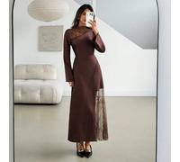 Robe longue femme début d'automne couleur café à manches évasées avec patchwork en dentelle, robe décontractée de vacances, de fête, de mariage, robe romantique à patchwork en dentelle, robe de soirée