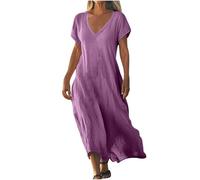 Robe Longue Femme D'éTé à Col en V Maxi Robe De Plage Ample Swing Robes en Coton Lin Manches Courtes Robes DéContractéE Couleur Unie BohèMe Dress Grande Taille Dress pour FêTer Vacances à La Plage