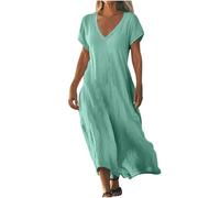 Robe Longue Femme D'éTé à Col en V Maxi Robe De Plage Ample Swing Robes en Coton Lin Manches Courtes Robes DéContractéE Couleur Unie BohèMe Dress Grande Taille Dress pour FêTer Vacances à La Plage