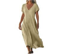 Robe Longue Femme D'éTé à Col en V Maxi Robe De Plage Ample Swing Robes en Coton Lin Manches Courtes Robes DéContractéE Couleur Unie BohèMe Dress Grande Taille Dress pour FêTer Vacances à La Plage