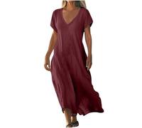 Robe Longue Femme D'éTé à Col en V Maxi Robe De Plage Ample Swing Robes en Coton Lin Manches Courtes Robes DéContractéE Couleur Unie BohèMe Dress Grande Taille Dress pour FêTer Vacances à La Plage