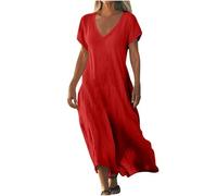 Robe Longue Femme D'éTé à Col en V Maxi Robe De Plage Ample Swing Robes en Coton Lin Manches Courtes Robes DéContractéE Couleur Unie BohèMe Dress Grande Taille Dress pour FêTer Vacances à La Plage