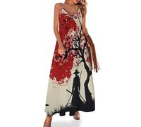 Robe Longue Femme d'été Cerisier Samouraï Maxi Robe Col en V à sans Manches Silhouette Japonaise Robes de Plage Ligne A Chic et Elegant Fluide Legere pour Fête Vacances
