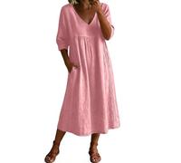 Robe Longue Femme d'Été Lin Coton Chic et Élégant Tunique Robe Chemise Manches 3/4 Decontractée Ample Casuel Couleur Uni Robes De Plage Grande Taille Dress pour Maison Robes Col V avec Poches