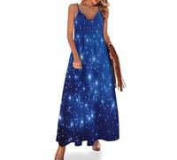 Robe Longue Femme d'été Un Ciel Étoilé Éblouissant Maxi Robe Col en V à sans Manches Étoiles dans Le Ciel Nocturne Robes de Plage Ligne A Chic et Elegant Fluide Legere pour Fête Vacances