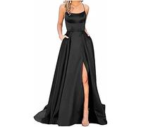 Robe Longue Femme en Satin élégante Dos Nu Fendue Spaghetti Sangle Couleur Unie Swing pour Bal Mariage Cocktail Robe de Soirée Longue Mariage Party Dress (Noir,XXL)