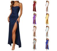 Robe Longue Femme en Satin élégante Dos Nu Fendue Spaghetti Sangle Couleur Unie Swing pour Bal Mariage Cocktail Robe de Soirée Longue Mariage Party Dress Décontractée