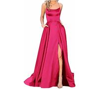 Robe Longue Femme en Satin élégante Dos Nu Fendue Spaghetti Sangle Couleur Unie Swing pour Bal Mariage Cocktail Robe de Soirée Longue Mariage Party Dress (Rose Vif,XL)