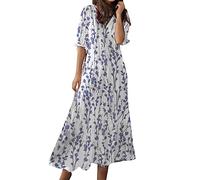 Robe Longue Femme Ete Blanche Col V-Franges de Plage Mode Sexy Décontractée de Couleur Unie Casual Ample Soiree Bohème Plissée