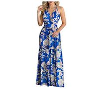 robe longue femme ete boheme chic mariage invité robe sexy femme decollete plongeant dos nu col halter robe de plage femme fluide fleurie maxi robe casual femme sans manches vacances (Blue, XXL)