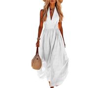 Robe Longue Femme Été en Coton Lin Chic et Élégant Tunique Robe Fluide san Manche Decontractée Ample Casuel Couleur Uni Robes De Plage Grande Taille Dress Maison Robes À Collier Col V avec Poches