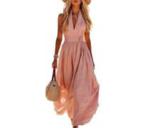 Robe Longue Femme Été en Coton Lin Chic et Élégant Tunique Robe Fluide san Manche Decontractée Ample Casuel Couleur Uni Robes De Plage Grande Taille Dress Maison Robes À Collier Col V avec Poches