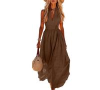 Robe Longue Femme Été en Coton Lin Chic et Élégant Tunique Robe Fluide san Manche Decontractée Ample Casuel Couleur Uni Robes De Plage Grande Taille Dress Maison Robes À Collier Col V avec Poches