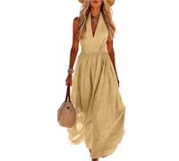 Robe Longue Femme Été en Coton Lin Chic et Élégant Tunique Robe Fluide san Manche Decontractée Ample Casuel Couleur Uni Robes De Plage Grande Taille Dress Maison Robes À Collier Col V avec Poches
