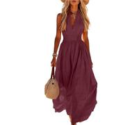 Robe Longue Femme Été en Coton Lin Chic et Élégant Tunique Robe Fluide san Manche Decontractée Ample Casuel Couleur Uni Robes De Plage Grande Taille Dress Maison Robes À Collier Col V avec Poches