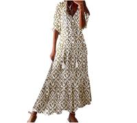 Robe Longue Femme Ete Fluide Boheme Robes de Plage Été Robe Fleurie Femme Chic et Elegant d'Été A-Line Maxi Robes mi Longue de Cérémonie Mariage Manches 3/4 Casual Respirant Boho Dress Solde